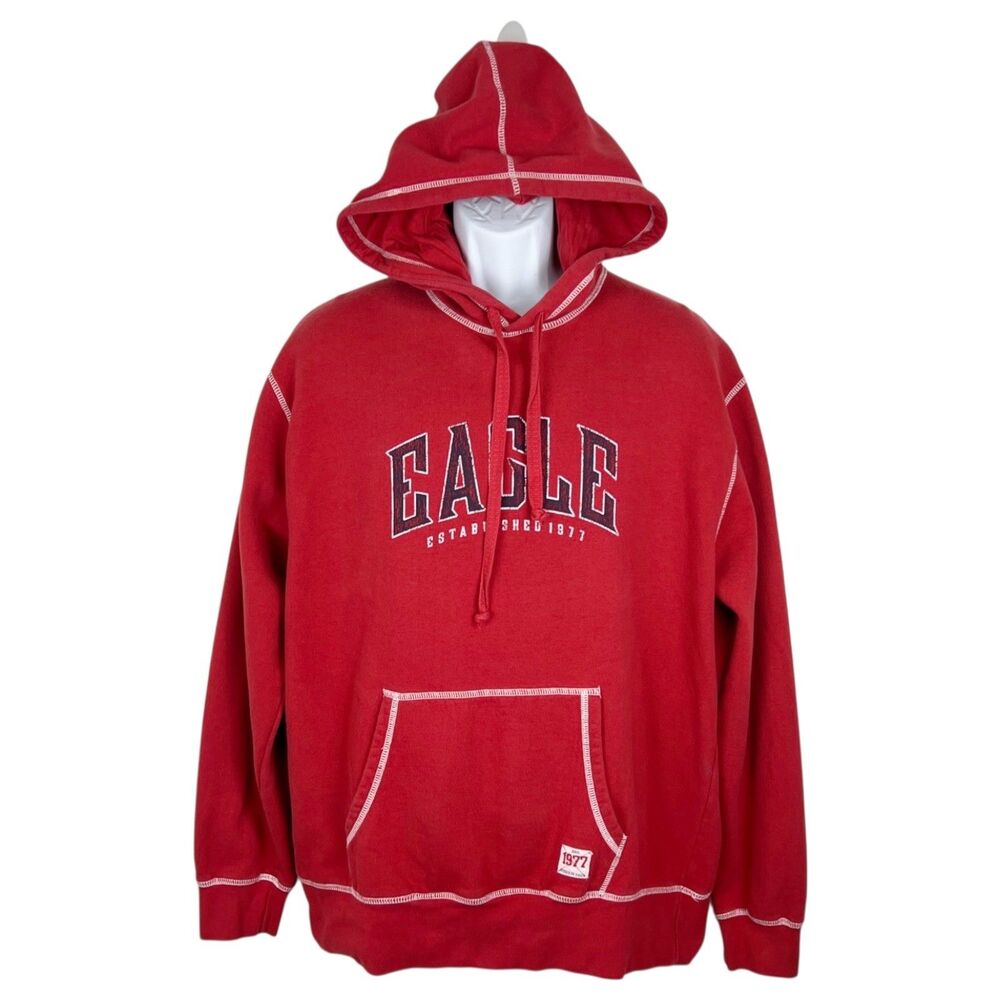 American Eagle Sweater Men Large Red Pullover Hoodie Sweatshirt Spellout Pocket
